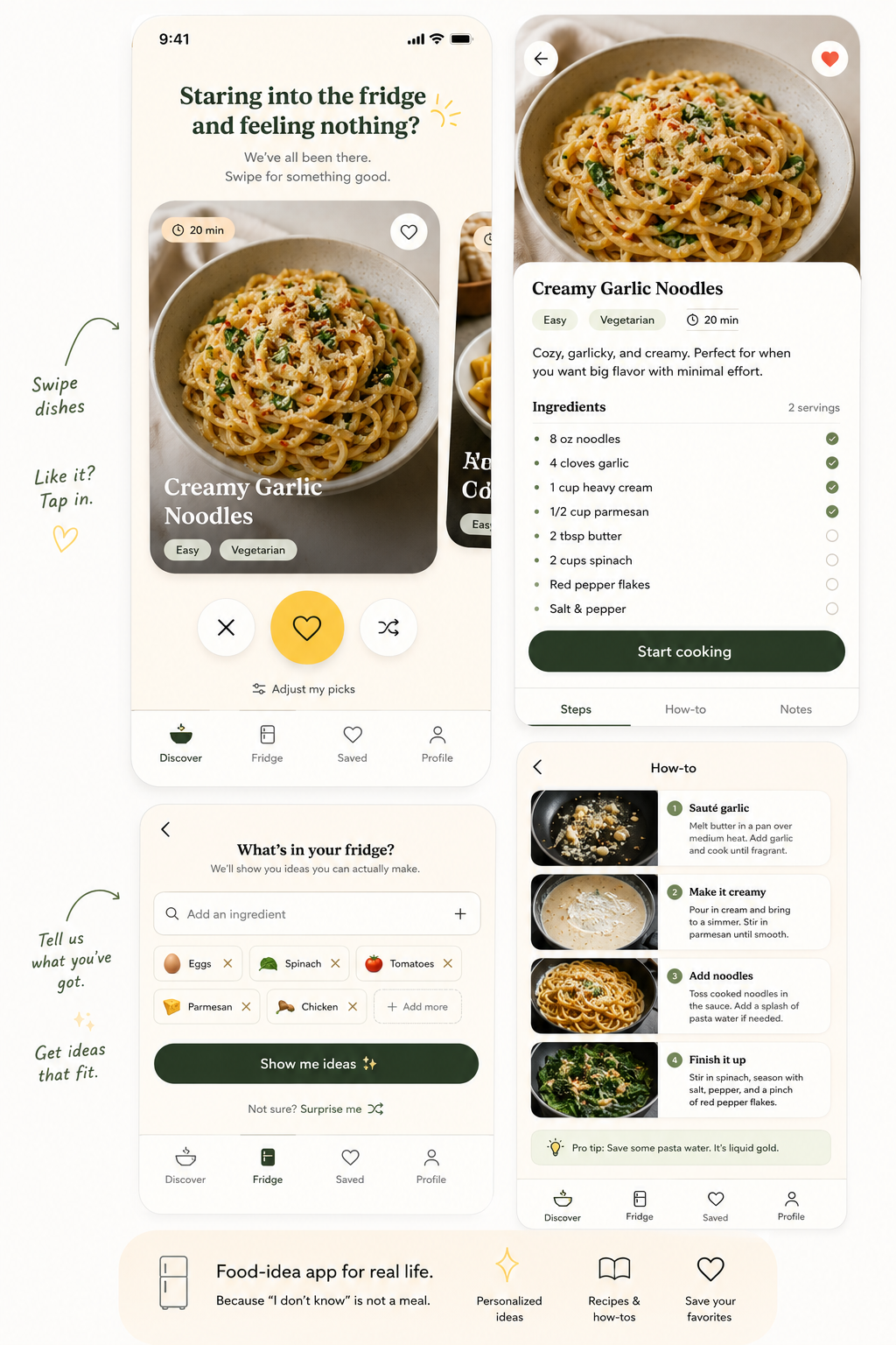 Hev Food Tinder app UI mockup